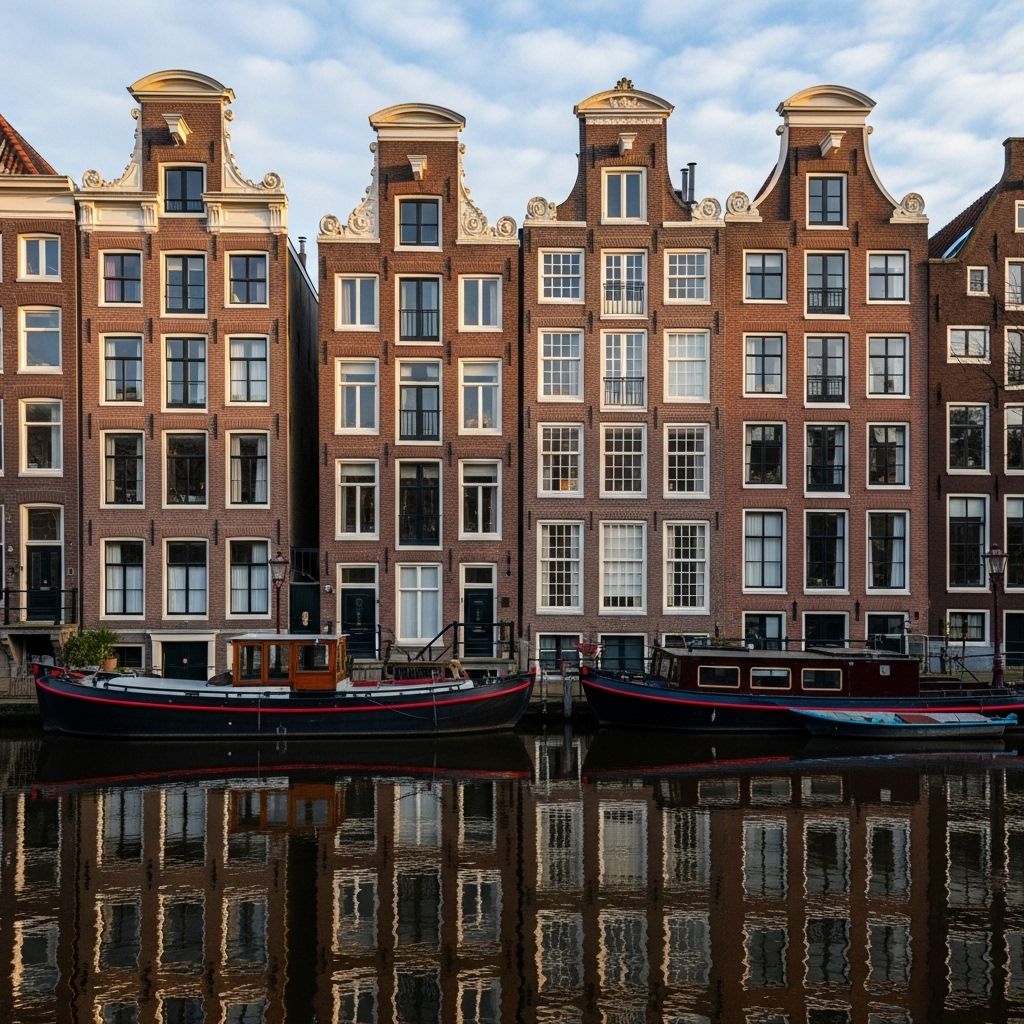 Row of tall narrow 17th-century Amsterdam canal houses with their characteristic stepped gable facades brick construction and large multi-pane windows reflected in a still canal with boats moored alongside on a clear winter afternoon