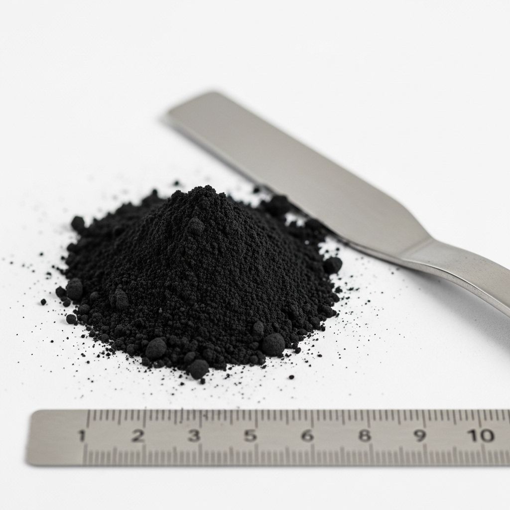 Close-up photograph of a small precise pile of fine industrial carbon black powder showing its intense uniform matte black colour and fine powdery texture arranged on a white laboratory surface beside a metal spatula and measurement scale bar