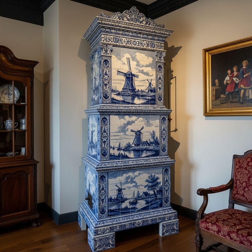 Beautifully preserved 18th-century Dutch Delft ceramic tile stove featuring hand-painted blue and white windmill and landscape panels in a period Amsterdam canal house room with wooden floors