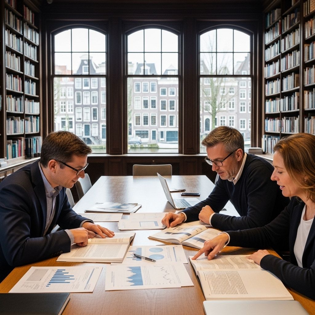 Academic research team of three professionals reviewing printed scientific journal articles and data charts at a large wooden table in a bright Amsterdam canal-side library with bookshelves and tall windows