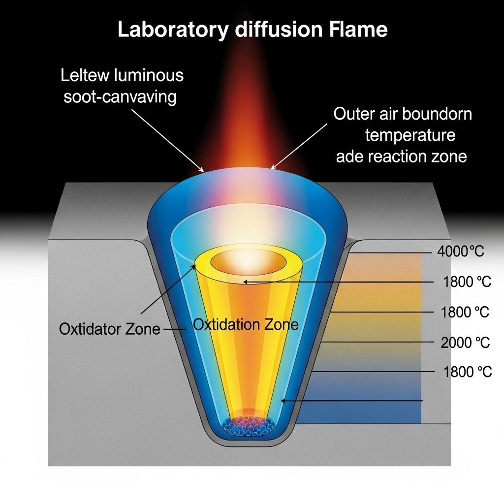 Schematic diagram cross-section of a laboratory diffusion flame showing concentric zones: yellow luminous soot-containing inner cone, blue oxidation zone, and outer air boundary with annotated temperature gradients from 400 degrees Celsius at the edge to 1800 degrees at the reaction zone