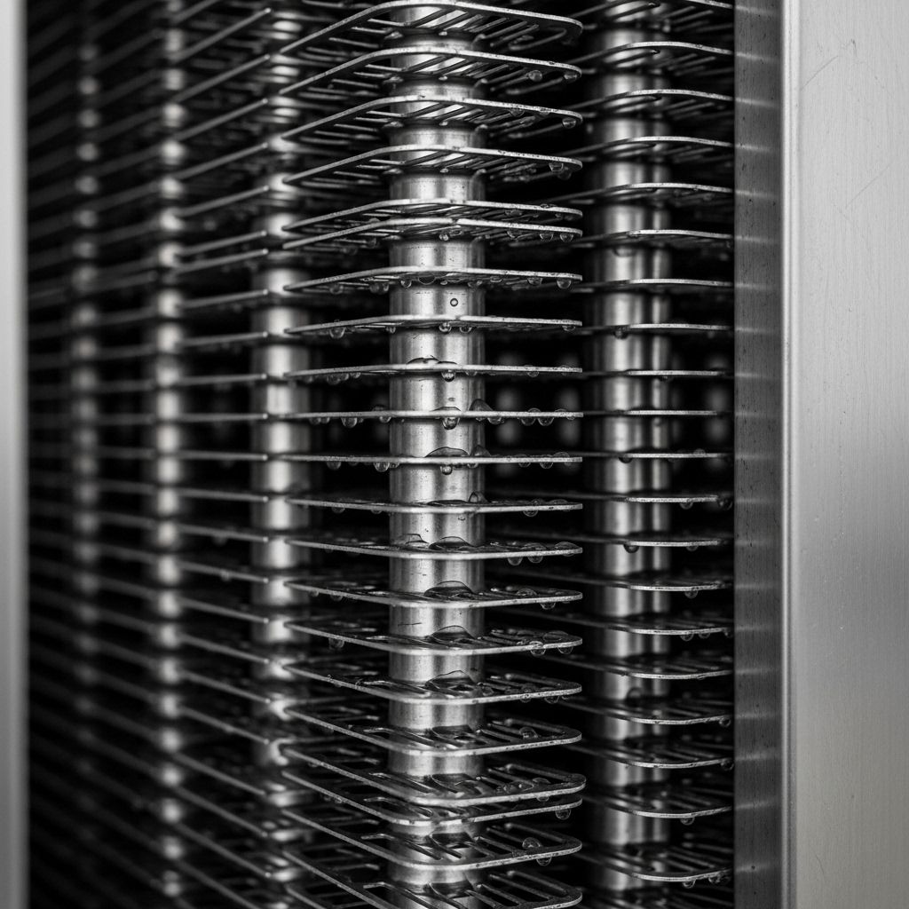 Close-up detail of a stainless steel finned tube heat exchanger inside a condensing boiler showing the complex fin geometry designed to maximise turbulent heat transfer from hot flue gases to the water circuit with visible condensate droplets on the fins