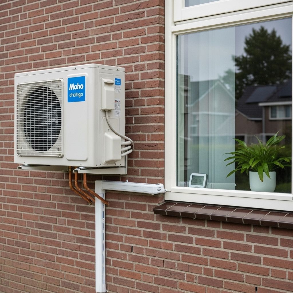 Modern residential air-source heat pump unit installed on the exterior brick wall of a Dutch suburban house with copper refrigerant pipes entering through the wall and a digital thermostat control panel visible through the window beside the unit
