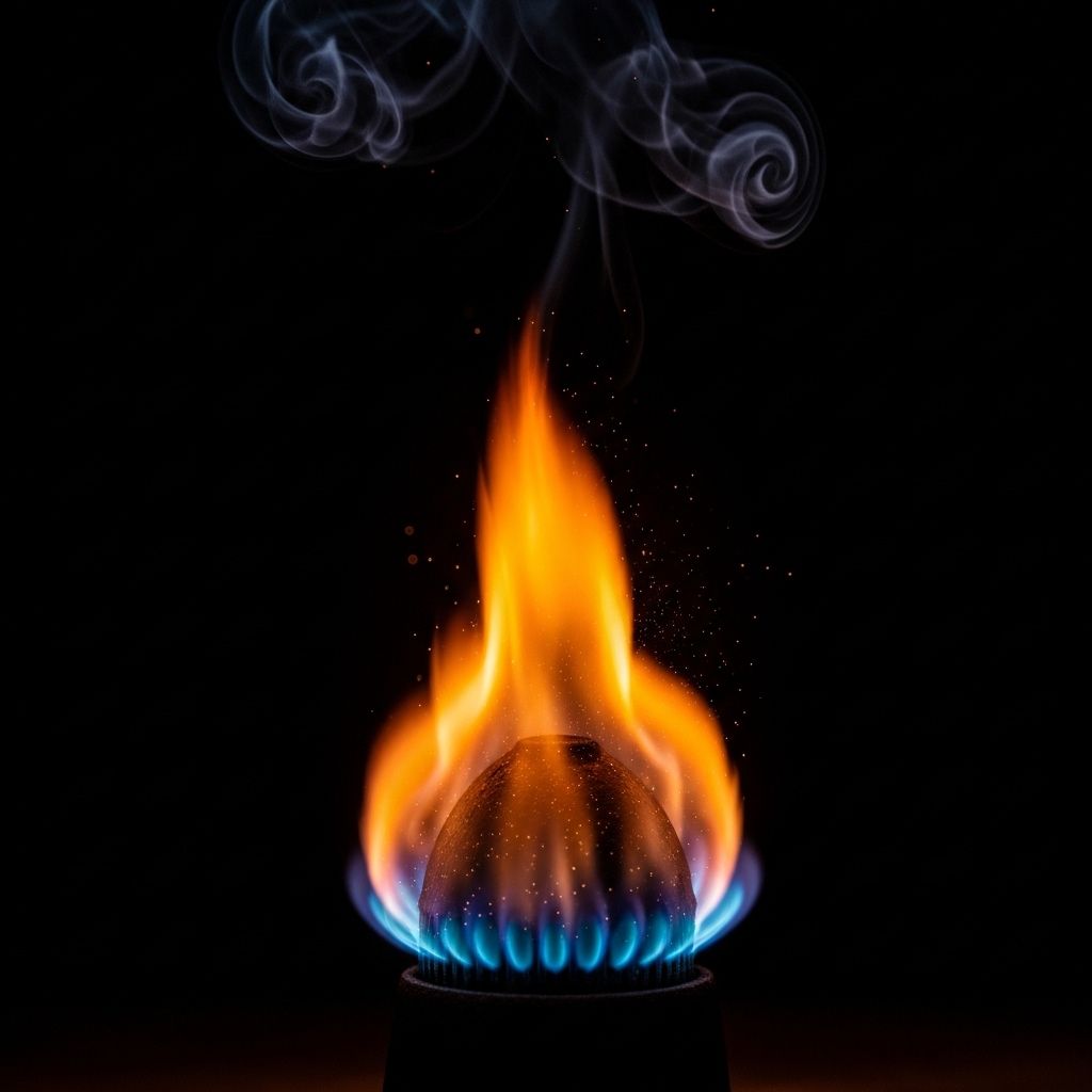 Dramatic close-up of orange and blue natural gas flame burning with visible incandescent soot particles and smoke wisps against a pure black background in a laboratory combustion experiment