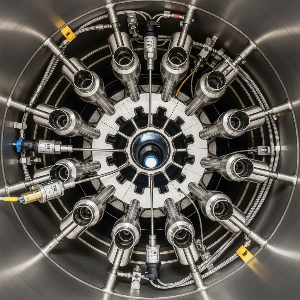 Modern stainless steel industrial combustion chamber interior with visible burner nozzles, heat exchanger coils, and digital monitoring sensors in a large Netherlands energy facility