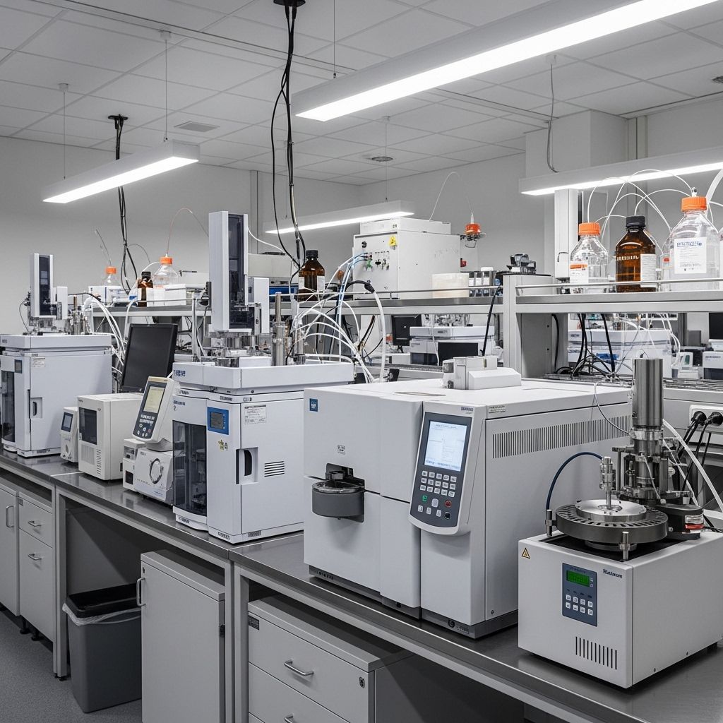 Modern analytical chemistry laboratory with gas chromatography machines, a mass spectrometer, and soot sampling equipment on stainless steel benches under fluorescent lighting