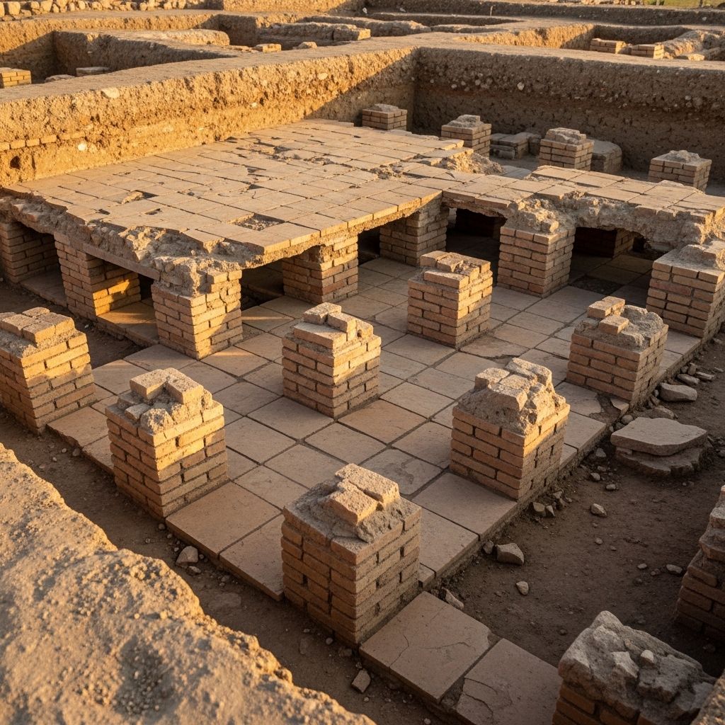 Archaeological excavation of Roman hypocaust underfloor heating system showing rows of terracotta brick pilae columns supporting a raised floor with visible heat circulation spaces in a Roman villa site