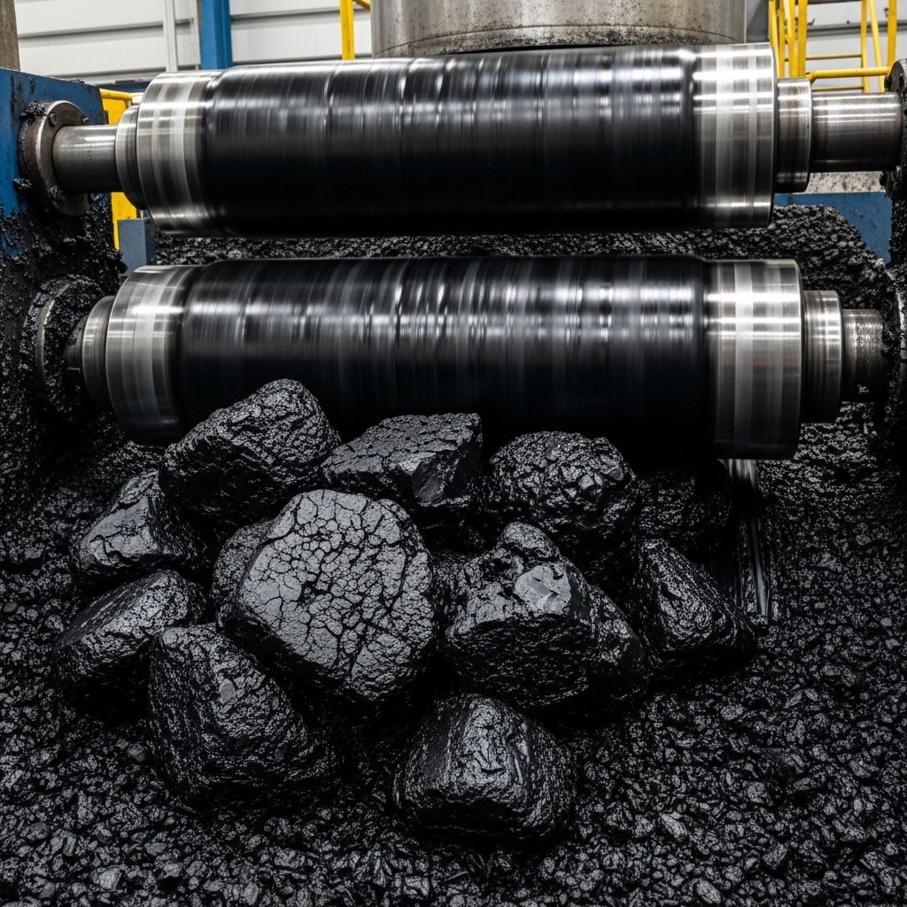 Industrial rubber mixing machine showing large dark chunks of carbon-black reinforced natural rubber compound being processed between heavy steel rollers in a tyre manufacturing facility the compound visibly black and glossy from the carbon black content