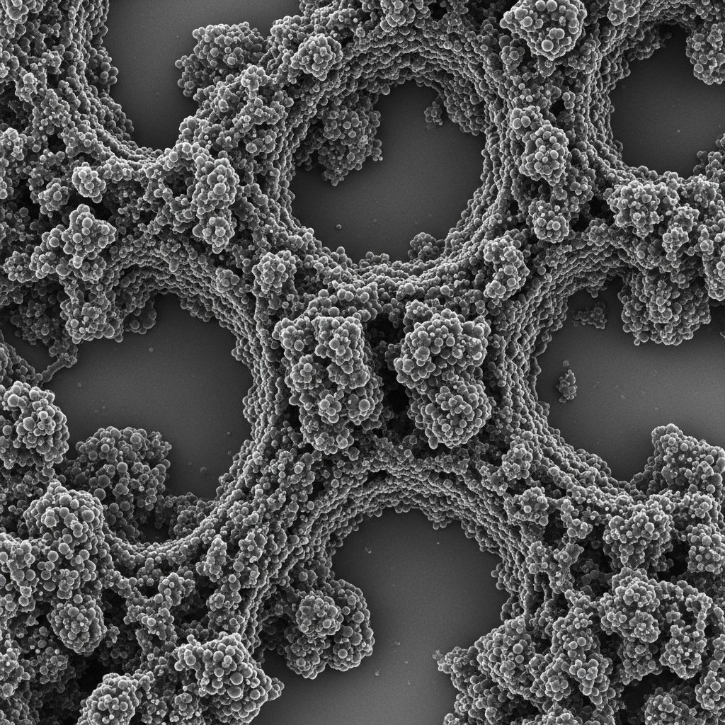 Transmission electron microscope image of fractal soot particle aggregates showing chain-like clusters of spherical primary particles 20-50 nanometres in diameter with dark graphitic carbon contrast